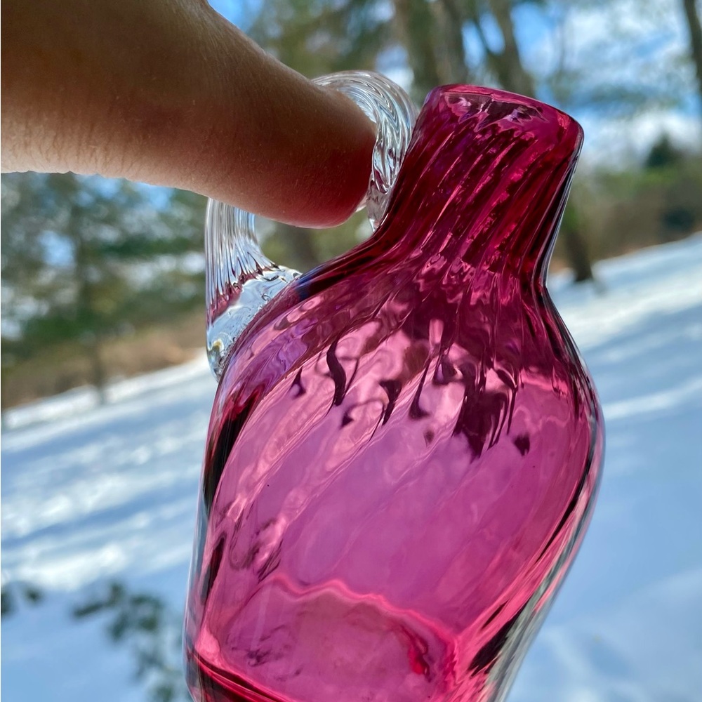 VTG PILGRIM GLASS Blown Cranberry Glass Mini Pitcher/Jug. Optic Swirl Valentine!